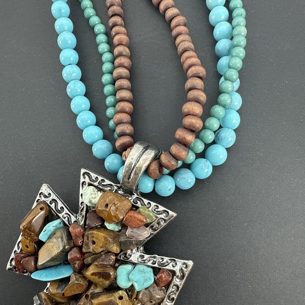 Vintage Southwestern Cross Pendant Necklace Turquoise Tiger Eye Jasper Stones - Picture 11 of 12